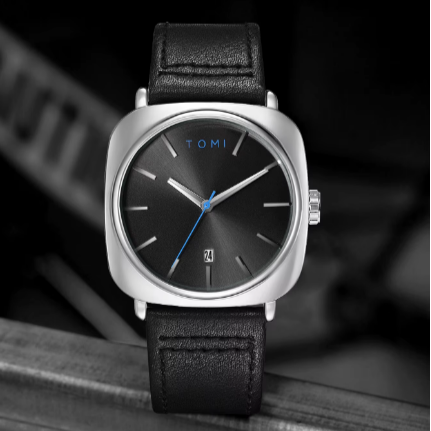 Silver & Black TOMI T-084 Men's Watch Quartz Date Leather Strap