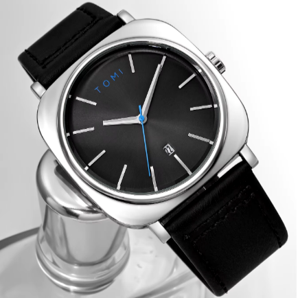 Silver & Black TOMI T-084 Men's Watch Quartz Date Leather Strap