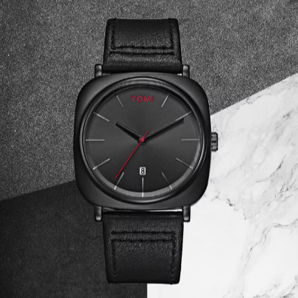 Full Black TOMI T-084 Men's Watch Quartz Date Leather Strap