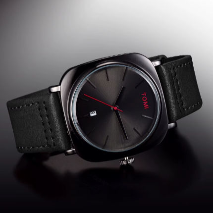 Full Black TOMI T-084 Men's Watch Quartz Date Leather Strap